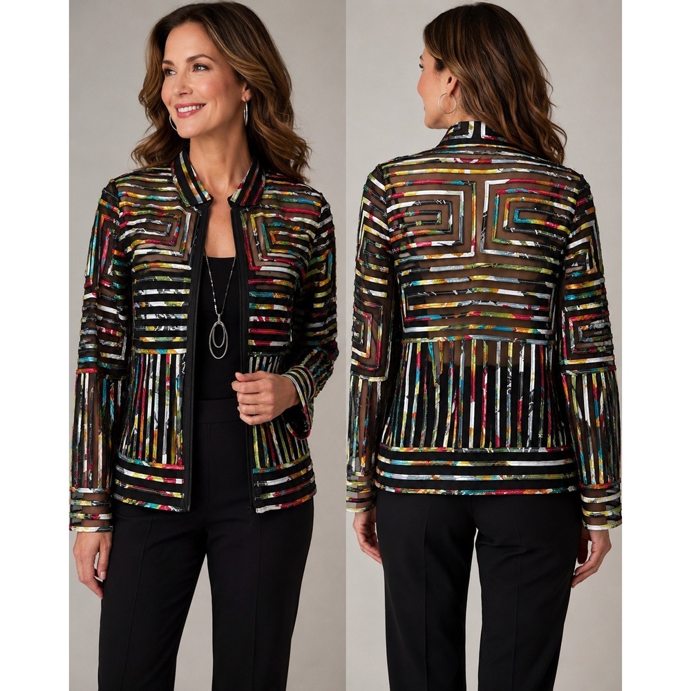Drapers & Damons Womens Multi Color Mesh Zip Front Ribbon Jacket 2229HAG